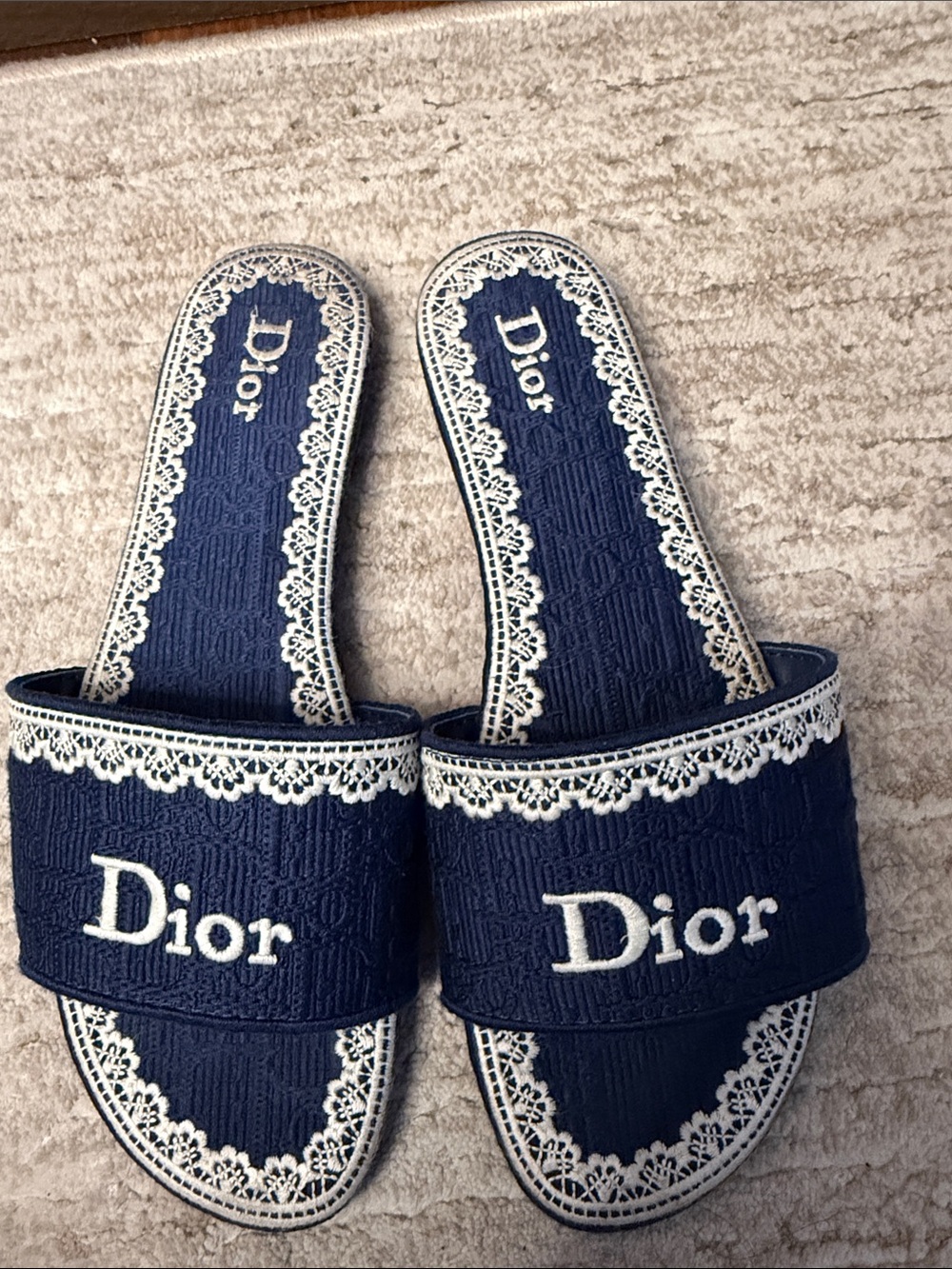 Dior Navy Blue Lace-Trim Slide Sandals